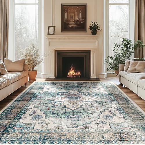 BESTSWEETIE Washable Boho 6x9 Area Rug, No Pile for Living Room, Green by BESTSWEETIE