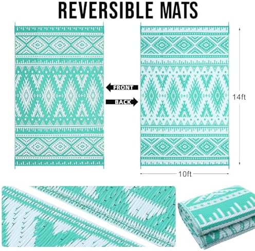OLANLY Outdoor Rug 10x14 ft Waterproof Reversible Mat, Turquoise & White - Image 2