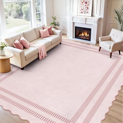 Pink Rugs for Living Room 9x12, Machine Washable Scalloped Area Rugs for Bedroom Girls, Non Slip Ultra-Thin Low-Pile Carpet for Playroom Nursery Kids Room by LORWER