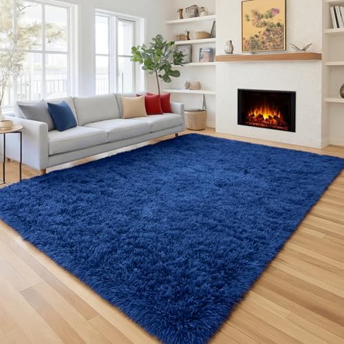Navy Blue Rug 5x8 Ft, Fluffy Rugs for Living Room, Large Kids Room Carpets - Image 2