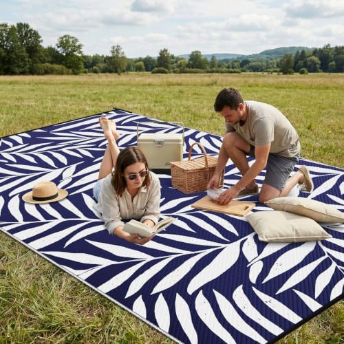 Smiry Outdoor Rug 8x10 ft Waterproof Reversible Leaf Mat, Navy & White - Image 4