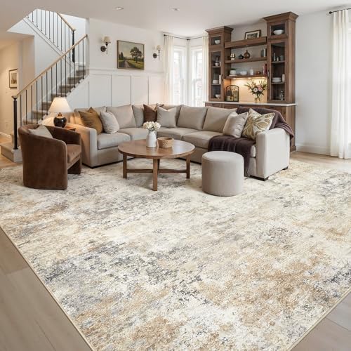 UERMEI 11x14 Area Rug Living Room Rugs - Washable Neutral Modern Abstract Soft Thin Large Rug Indoor Floor No Slip Rug Carpet for Bedroom Under Dining Table Home Office Decor - Golden Grey - Image 2