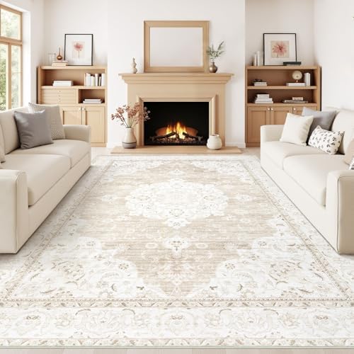Vintage Living Room Area Rug - 9x12 Large Machine Washable Boho Moroccan Rug Distressed Farmhouse Rugs for Bedroom - Soft Non-Slip Indoor Carpet for Dining Room Office Nursery(Boho Beige, 9'x12') - Image 2