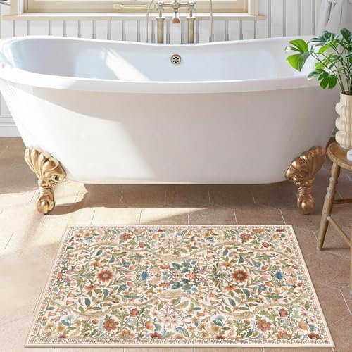 Floral 2x3 Entryway Rug Washable Doormat Indoor Throw Rug, Beige - Image 4