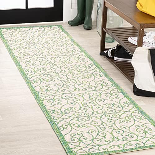 JONATHAN Y Vintage Filigree Indoor Outdoor Runner Rug 2X10 Cream/Green, Madrid Textured Weave for Backyard, Patio, Porch, Easy-Cleaning, High Traffic, Pet-Friendly, Non-Shedding (SMB107J-210) by JONATHANY