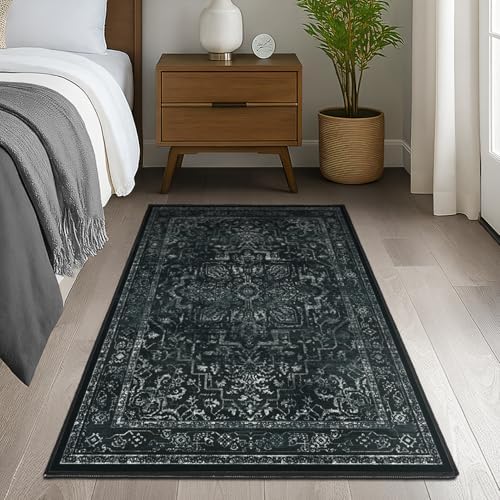 Black Distressed 3x5 Area Rugs for Entryway Foyer, Washable Non Slip Low Pile Throw Rugs for Kitchen, Dark Vintage Medallion Pinted Carpet for Bedroom/Bathroom/Closet/Dorm/Home Office - Image 4