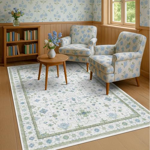 Green and Blue Kids Rugs for Bedroom 5x8 - Oushak Boho Cute Area Rug, Washable Low Pile Non-Slip Soft Foldable Indoor Carpet for Nursery, Playroom - Image 3
