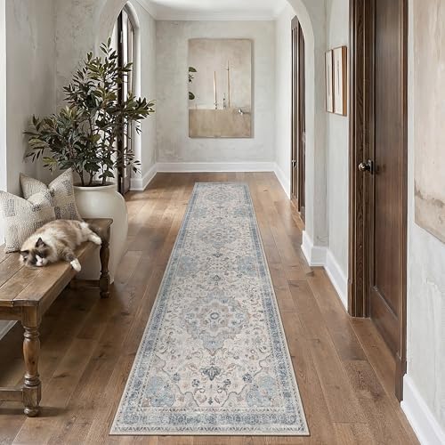 PureCozy Blue Runner Rug 2.6x12 Entryway Vintage Floral Non-Slip Carpet - Image 2