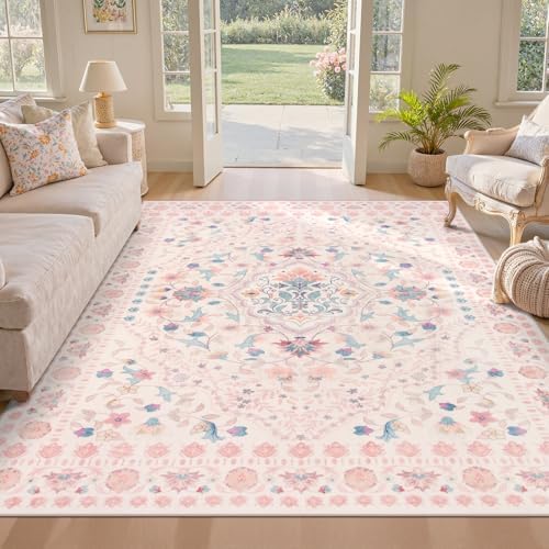 Wonnitar Boho Floral 8x10 Pink Area Rug, Washable Kids Rugs for Bedroom, Large Ultra-Thin Soft Non Slip Carpet for Nursery Living Room Playroom Classroom, Pastel Pink by Wonnitar