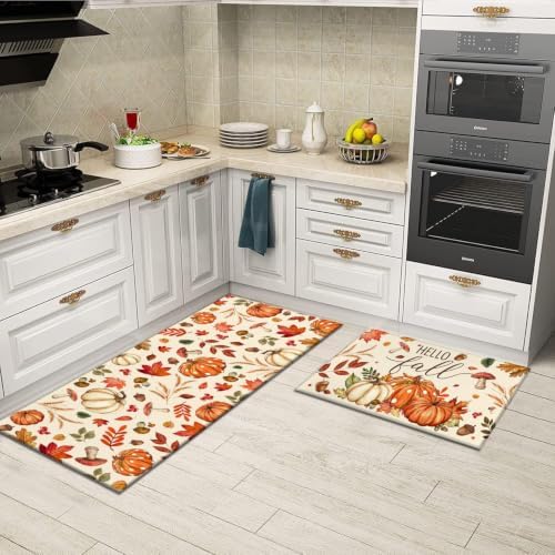 Fall Kitchen Rugs Set of 2,Fall Entrance Door Mats Pumpkin Mushroom Non Slip Kitchen Rug,Washable Anti Fatigue Mat,Kitchen Floor Washable Runner Rug, Autumn Thanksgiving Kitchen Laundry 17x30+17x47In - Image 5