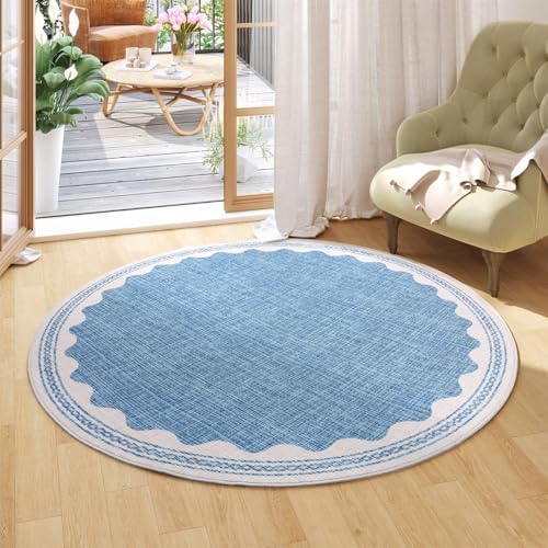 GarveeHome Scalloped Blue 4ft Round Rug Washable Non-Slip Soft Ultra-Thin Small Circle Modern Cottage Core Solid Tan Carpet for Entryway Kitchen Bedroom Nursery Dining Room - Image 3
