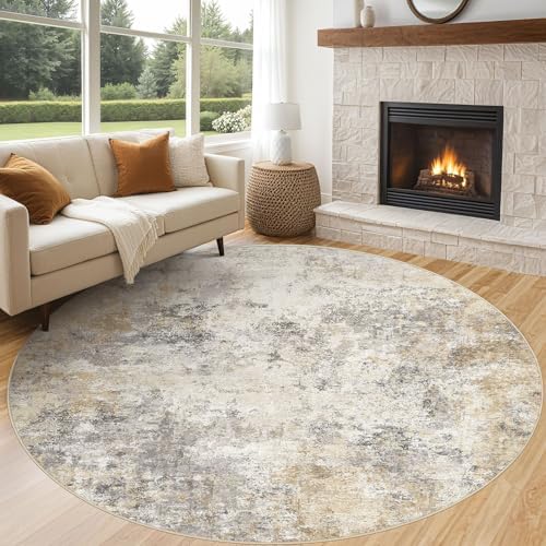 UERMEI 8ft Round Area Rug Living Room Rugs - 8x8 Washable Neutral Modern Abstract Soft Thin Rug Indoor Floor No Slip Rug Carpet for Bedroom Under Dining Table Home Office Decor - Golden Grey by UERMEI