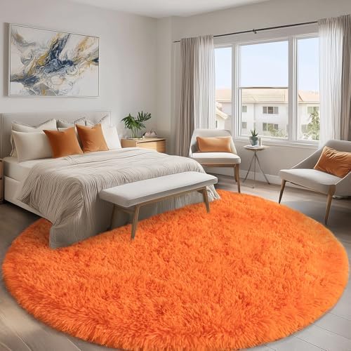 6ft Round Fluffy Rug for Bedroom Orange, Washable Non-Slip - Image 4