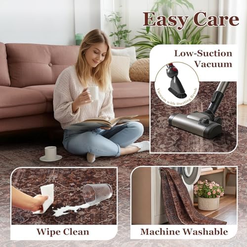 Washable Runner Rug 3x10, Vintage Farmhouse Dark Hallway Runner for Kitchen Floor Non Slip, Low Pile Thin Print Long Carpet Runner for Entryway Corridor Mudroom Foyer, Brick Red - Image 5