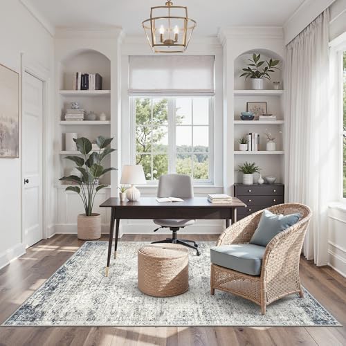Soalmost 4x6 Area Rug for Living Room, Washable Rugs Non-Slip, Blue/Ivory - Image 4