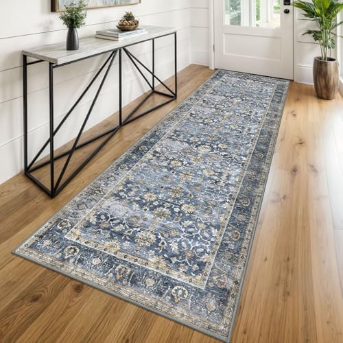 KUTA Vintage Washable Runner Rug, 2.6x8 Blue Grey Beige Runners for Hallway by KUTA
