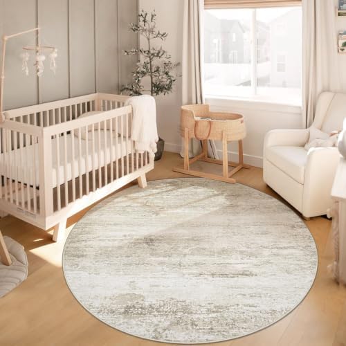 Washable Round Rug 4ft for Bedroom: Circle Neutral Soft Rug Abstract Non Slip Low Pile Modern Area Rugs for Living Room Nursery Office Dining Kids Boys Girls Room Farmhouse Dorm (Beige, 4' Round) - Image 3