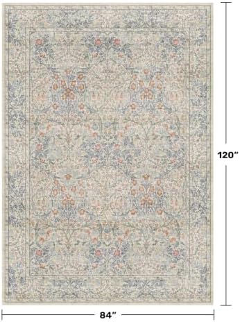 7x10 Washable Rug for Living Room - Stain Resistant Dining Room Rugs for Under Table, Soft Low Pile Large Carpet for Bedroom - Vintage Floral Non-Slip (Beige Blue) - Image 2