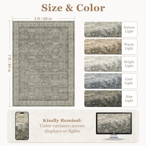 Neutral Gray 5x7 Area Rugs, Transitional Modern Faromhouse Print Rugs for Living Room Bedroom, Washable Non Slip Ultra Thin Carpet Rug for Dining Room Home Office, Soft French Gray/Beige/Olive - Image 2