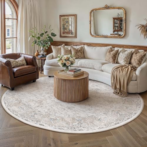 HUGEAR Beige Round Rugs 8x8 Washable Rug Indoor Carpet by HUGEAR