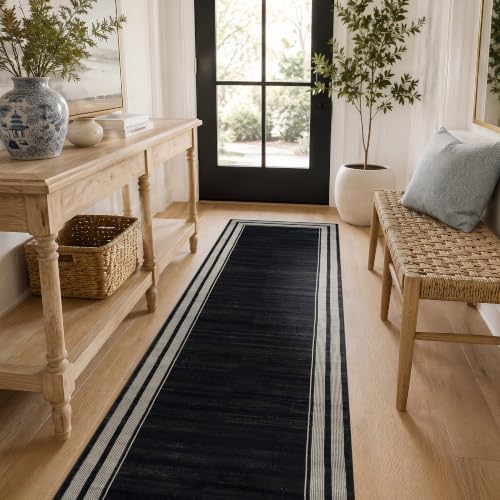 Rugshop Striped Border Machine Washable Non-Slip Runner Rug, 2'x8' Black by Rugshop