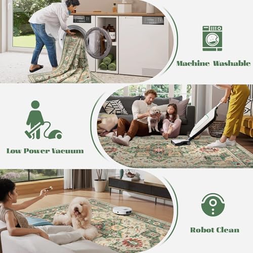 Area Rug 8x10 Washable Rug, Vintage Boho Medallion Rugs Non-Slip Soft Low Pile Large Distressed Rug Indoor Retro Carpet for Living Room Bedroom Dining Room Home Office (Green Beige, 8'x10') - Image 5