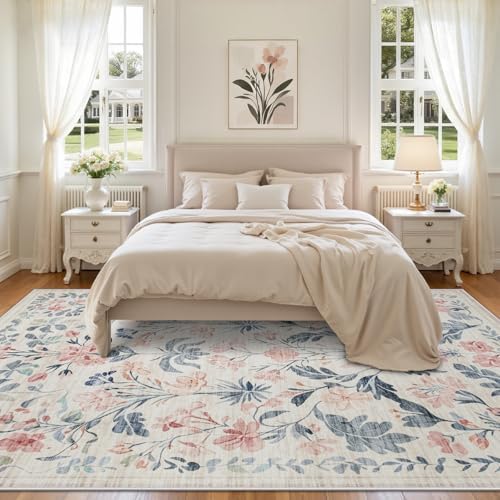8x10 Area Rugs Boho Floral Washable Living Room Rug Neutral Carpet Bedroom - Image 3