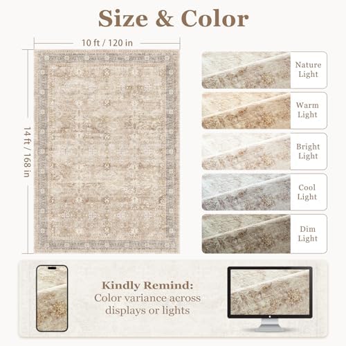 Large Rugs for Living Room 10x14, Farmhouse Big Area Rug for Bedroom Dining Room, Washable Non Slip Low Pile Thin Room Rug for Dining Room Family Room, Earth Tone Beige Taupe - Image 2