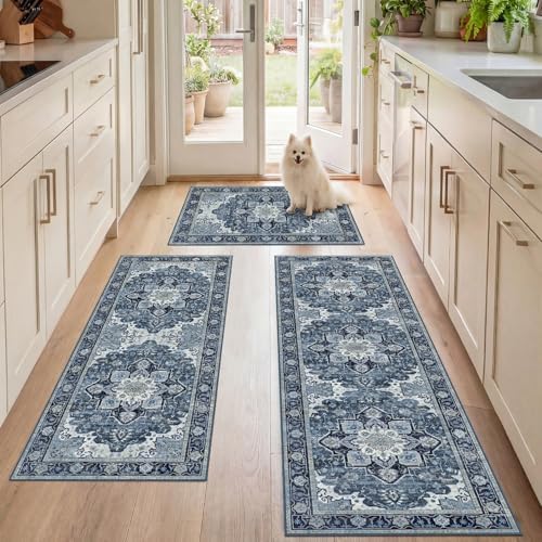 3 Piece Kitchen Rugs Sets with Runner, Washable Non Slip Soft Boho Kitchen Mats, Low Pile Stain Resistant Carpet for Hallway, Laundry Room, Entryway, Home Decor (20"x32"+20"x48"+20"x59", Navy Blue) by LOGO