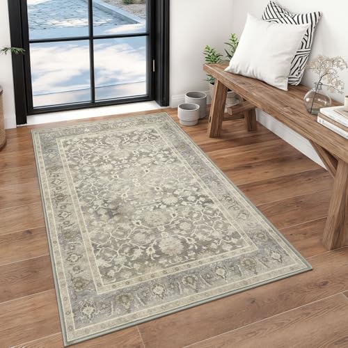 KUTA Vintage Floral 3x5 Entryway Rug Washable Area Rugs Beige by KUTA