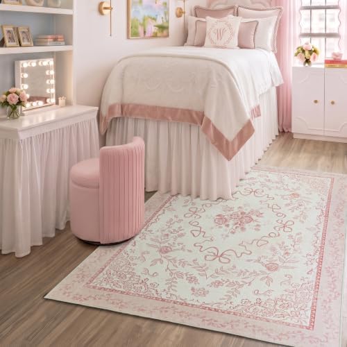 5x8 Pink Floral Rug for Girls Room, Cute College Dorm Rug, Coquette Girly Bow Room Decor Washable Boho Vintage Rugs for Nursery Bedroom - Image 2