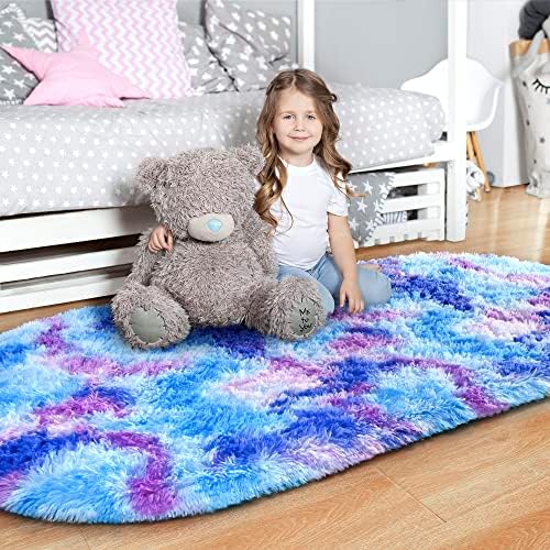Noahas Oval Fluffy Purple Rainbow Rug 2.6X5.3 Small Kids Rugs for Bedroom Girls And Boys Aesthetic,Bedside Bedroom Rug,Ultra Soft Runner Carpet Modern Shaggy Nursery Area Rugs Home Decor'' - Image 2