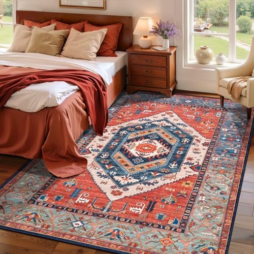 SERISSA 4x6 Washable Non Slip Boho Area Rug for Bedroom，Rust by SERISSAHomeDecorCollection
