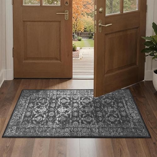 2x4 Washable Entryway Area Rug Non-Slip Distressed Black Door Mat by HOME