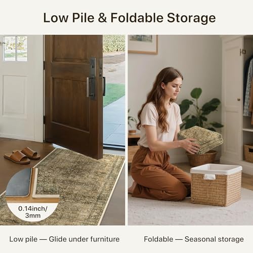 Bavni 4x6 Area Rug for Living Room, Washable Low Pile, Brown Olive - Image 7
