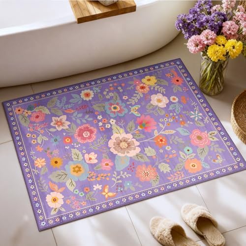 RELEANY Floral Washable 2x3 Area Rugsk Doormat Purple/Pin - Image 2