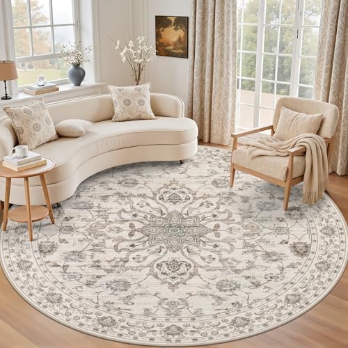 Round Area Rug for Living Room: 8ft Boho Washable Rug Brown Beige by EXPEDIX
