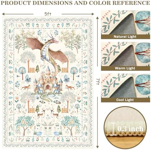 nesrt Washable Area Rugs for Living Room 5x7ft Beige, Soft Dragon Animal Print Bedroom Rugs Non Slip, Botanical Forest Kids Nursey Playroom Floor Carpets for Dining Room Farmhouse Home Office Decor - Image 2