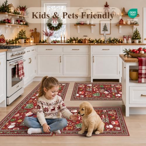 Christmas Kitchen Rugs Sets of 3: Non-Slip Washable Kitchen Mat Holiday Runner Rug for Sink,Entryway,Hallway - Soft Low Pile Carpet Runner for Housewarming(Christmas Red,2x3+2x4+2x5) - Image 6