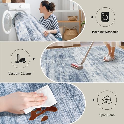 5x7 Area Rugs for Living Room: Washable Abstract Blue White Bedroom Carpet - Image 4