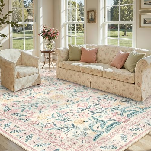 Lahome 9x12 Pink Kids Girl Rugs for Bedroom, Boho Washable Floral Area Rug - Image 4