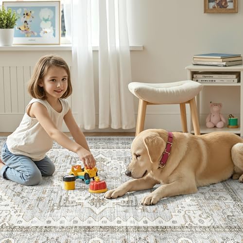 befbee 6x9 Washable Area Rug, Vintage Floral Non Slip Low Pile Carpet Blue - Image 6