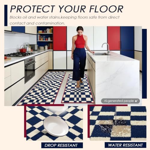 hicorfe Checkered Kitchen Rugs,Set of 2 Non Slip Kitchen Mats for Floor - Image 4