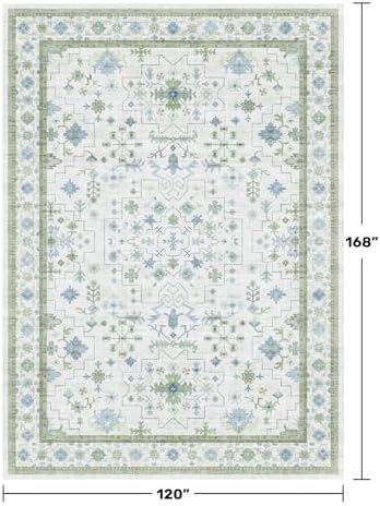 Oriental 10x14 Rug Living Room - Washable Oushak Boho Extra Large for Bedroom Non Slip Soft Faux Wool Carpet for Dining Room Playroom - Cream Blue and Green Floral Rug - Image 2