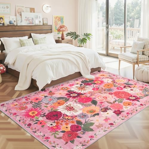 Pink Floral Area Rug 4x6 for Bedroom Living Room - Image 5