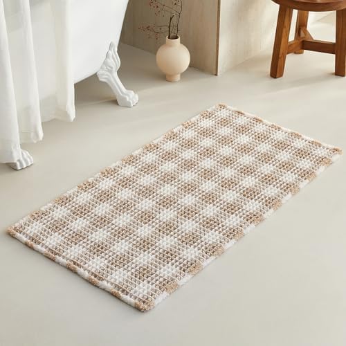 TYUU Waffle Bath Mat, Boho Bathroom Rugs Non Slip, 48x24 Khaki & White by TYUU