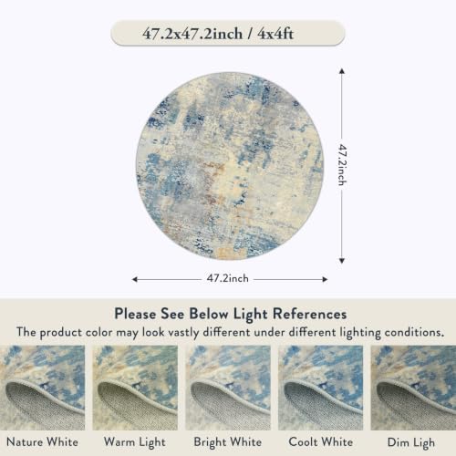 Lahome Modern Abstract Round Rug 4Ft, Blue Washable Front Door Mat Soft 4x4 Circle Rug for Entryway Bedroom Non Slip, Contemporary Indoor Floor Carpet for Living Room Sofa Bedroom Nursery Decor - Image 2