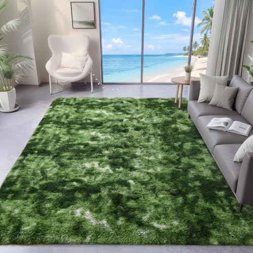 Fluffy Moss Green Rugs for Living Room 5x8, Modern Bedside Forest Carpets by PAGISOFE