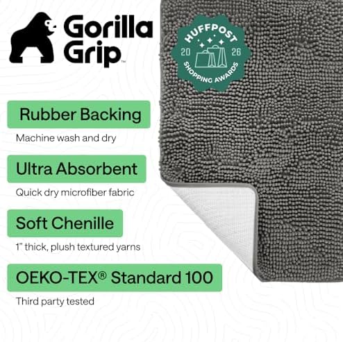 GORILLA GRIP Bath Rug Mat for Bathroom, Absorbent Chenille, 60x17 Charcoal - Image 2