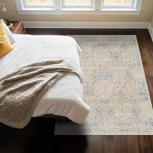 Washable Dining Room Rugs, 6x9 Area Rug for Living Room, Bedroom, Kids Playroom, Baby Nursery - Low Pile Non-Slip Lightweight - Oriental Vintage Design & Stain Resistance (6x9 Light Beige Blue) - Image 3